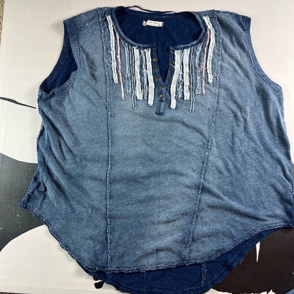 Free People Blue Denim Fringe Blouse